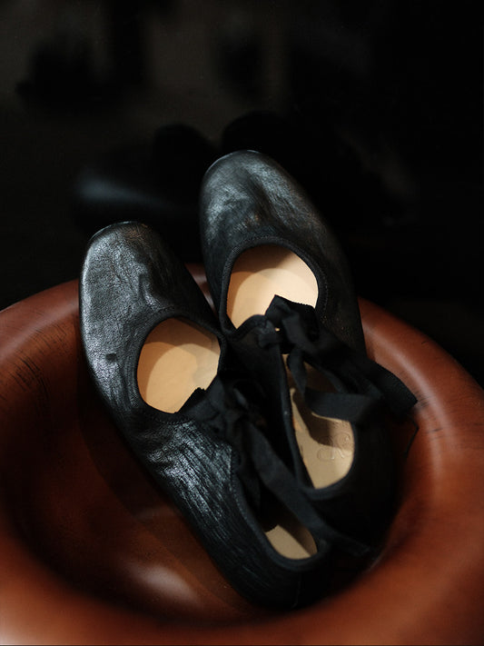 Lace-Up Ballet Flats -Black